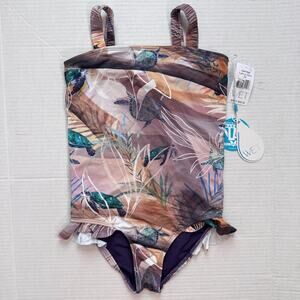 Sea Turtle Swimsuit Kids Girls 7 Youth One Piece Ruffle Wet Swimwear 7Y NEW